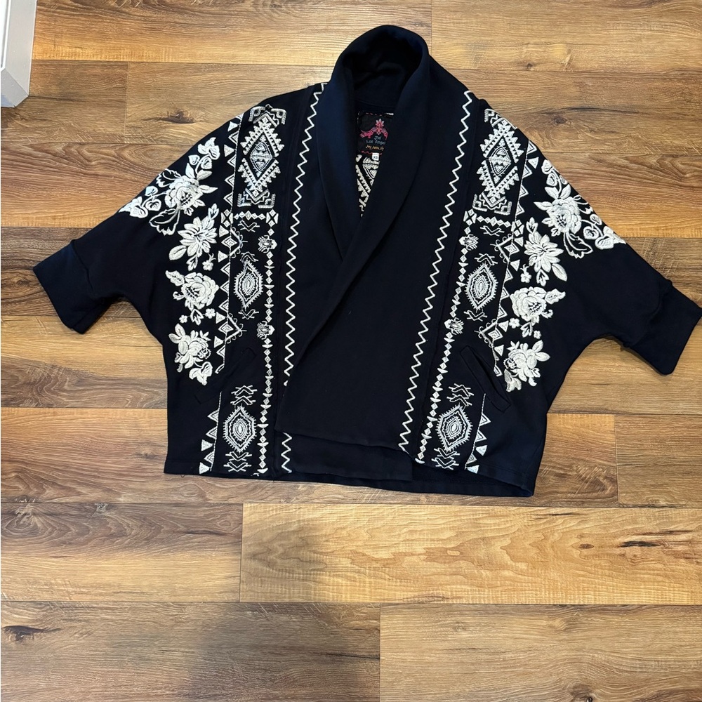 Johnny Was Black and White Floral Poncho with Geometric Trim